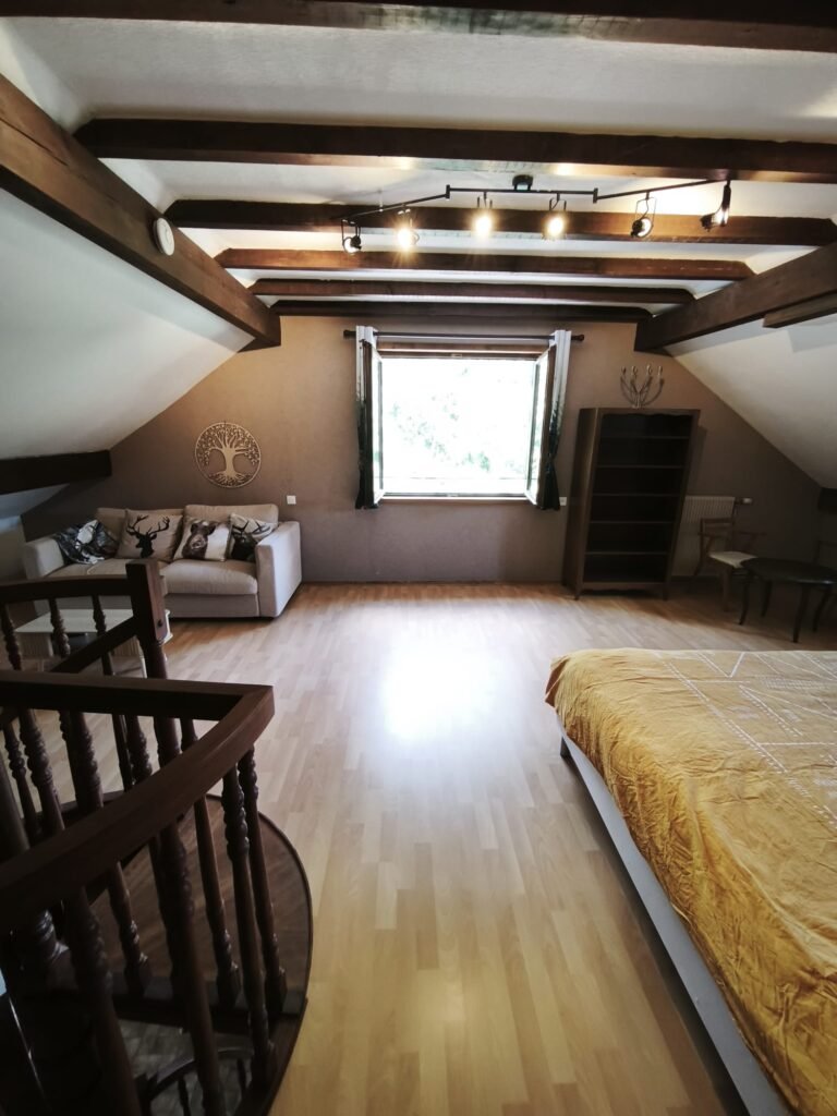 Espace nuit avec lit king size et canapé-lit au Chat'ô Gîte
